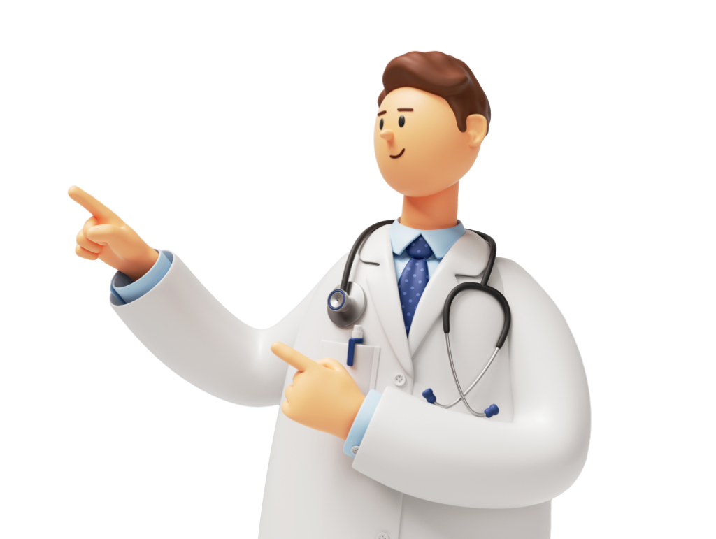 3D Animated Doctor pointing to his left with both hands.