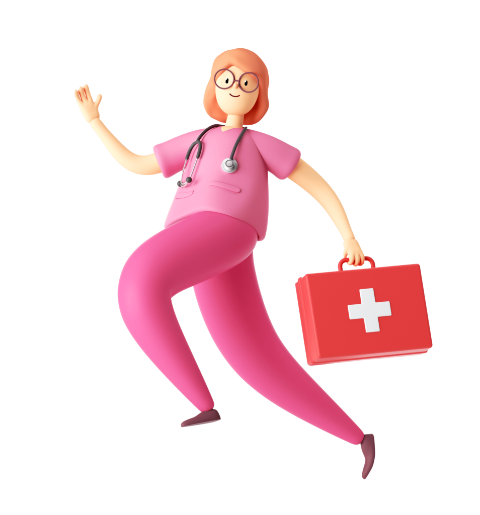 Red Headed Nurse Wearing Pink Scrubs Carrying Red Medical Case